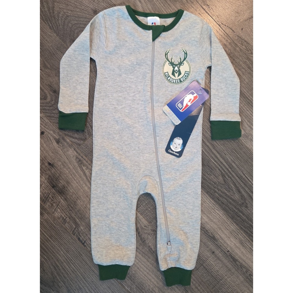 Milwaukee Bucks Zip Up Baby Bodysuit Size 6-9 Months NBA Basketball Gray Green